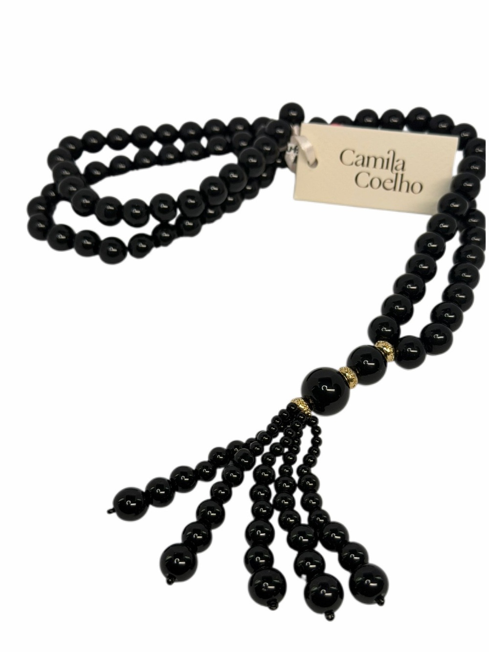 Camila Coelho Black Beaded Tassel Statement Necklace with Gold Accents